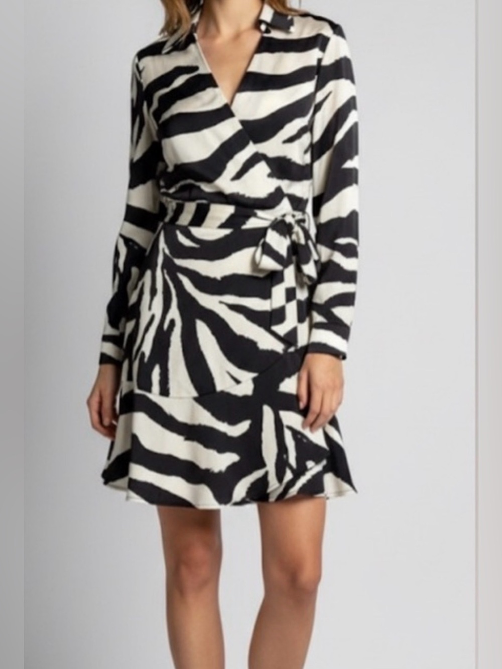Dex Off-White & Black Zebra Print Long Sleeve Wrap Dress - Size Small - NWT